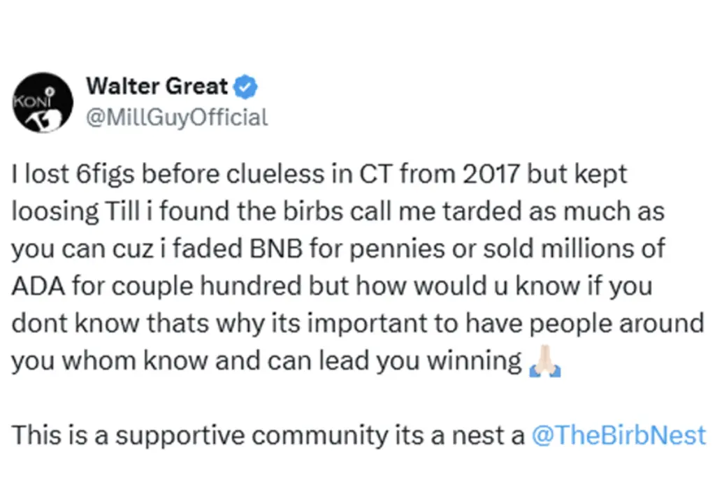 Walter Great tweet about learning lasting lessons from the recovery program.